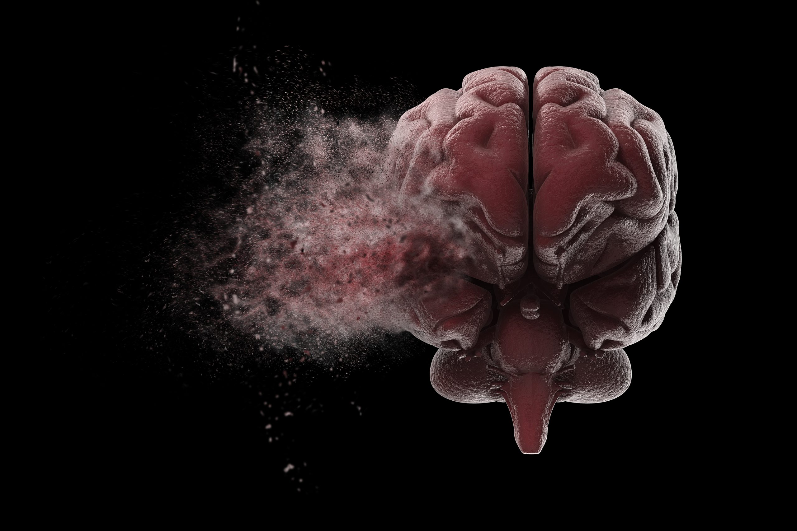 Human brain exploding over black background. 3D illustration